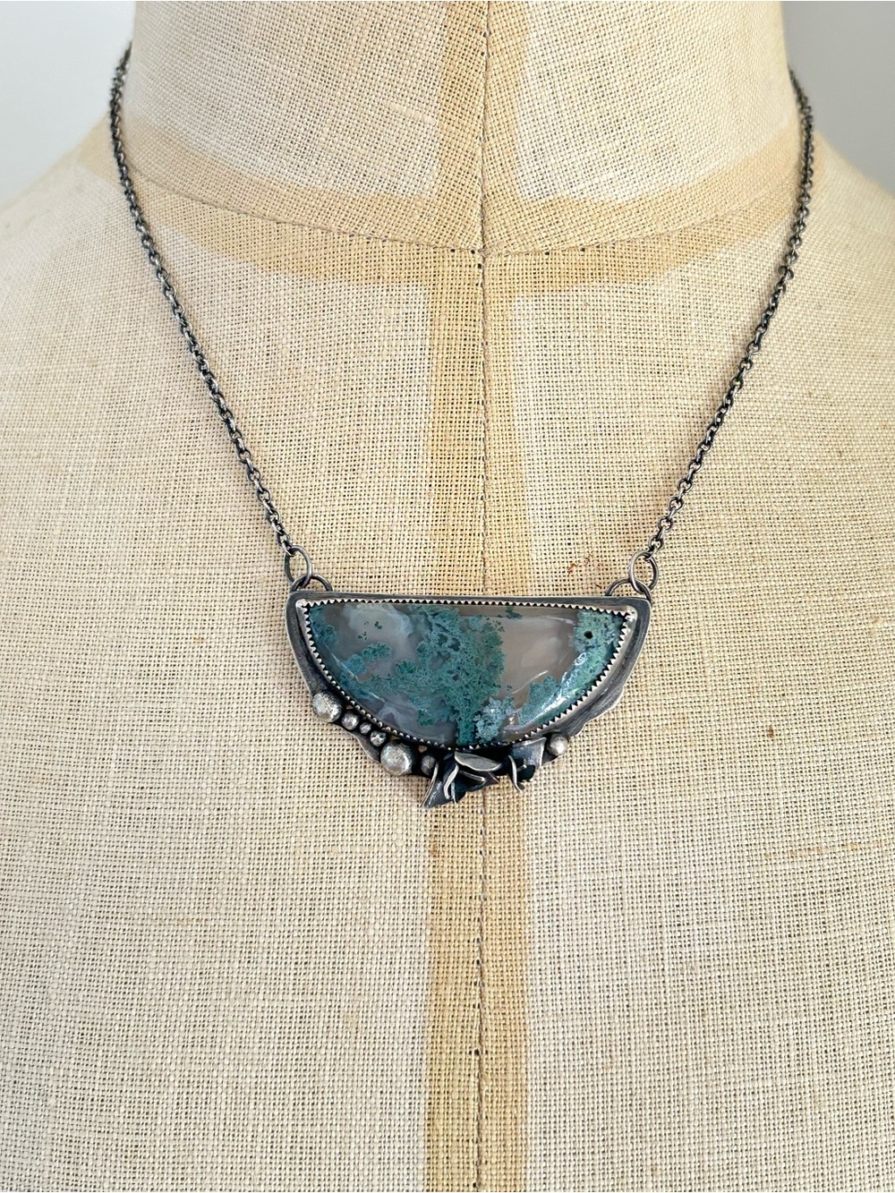 Sterling Silver Moss Agate Flower Necklace